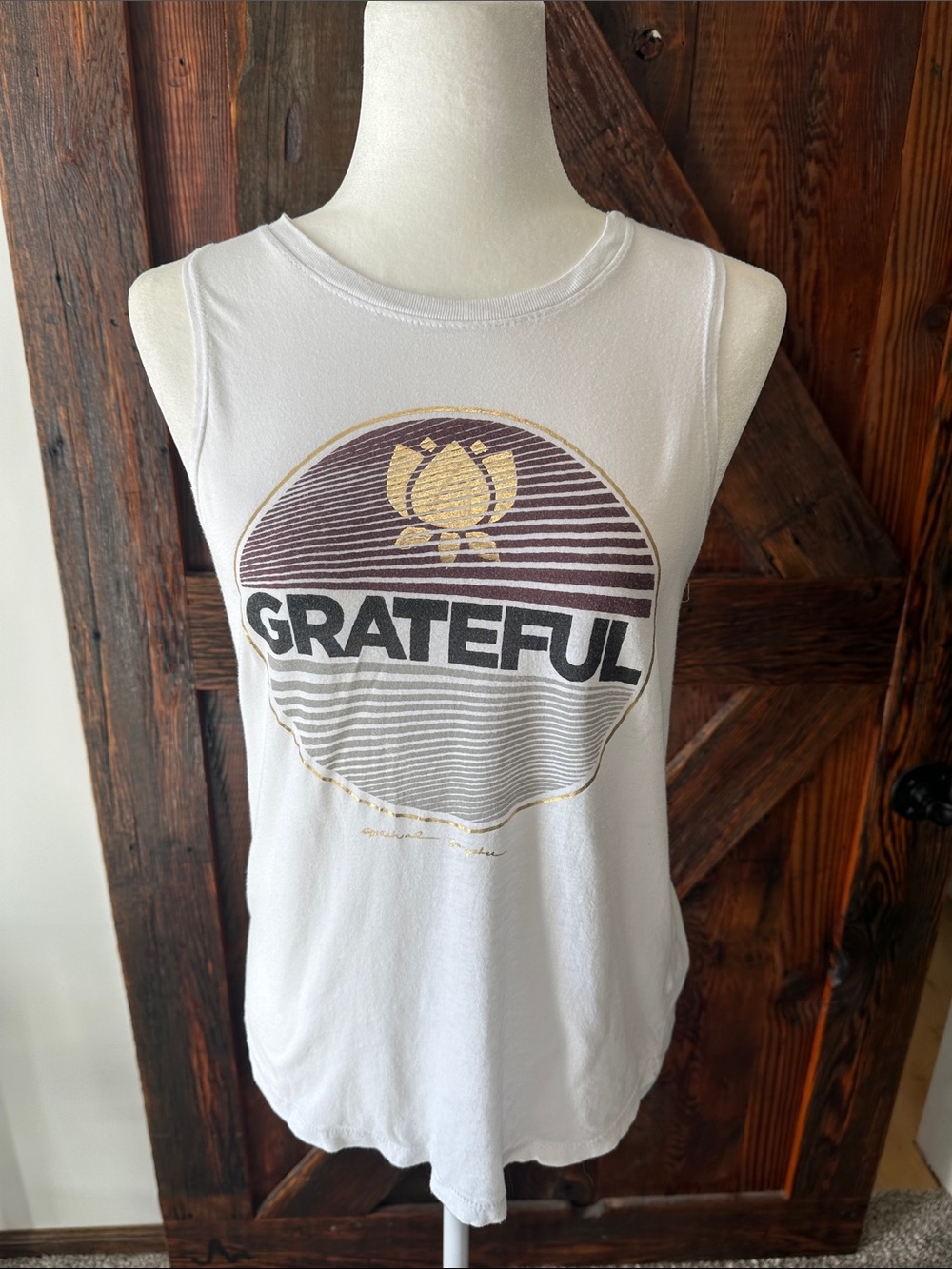 Spiritual Gangster White Tank with Grateful Message and Gold Detail